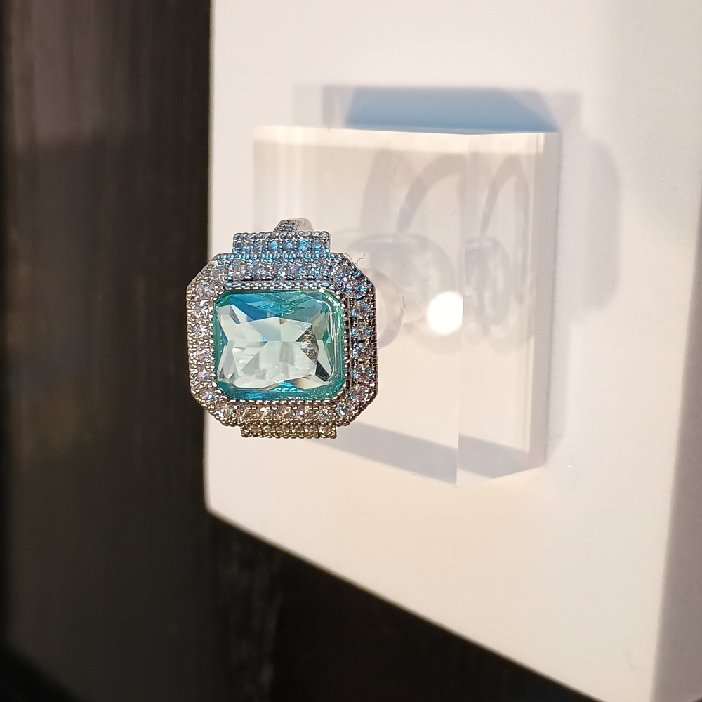 Aquamarine and Cubic Zirconia Ring, Silver, Women's Size Various - Picture 5 of 5
